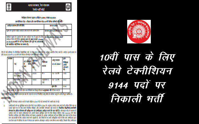 RRB ने 10वीं पास के लिए रेलवे टेक्नीशियन 9144 पदों पर निकाली भर्ती, जल्द करें आवेदन